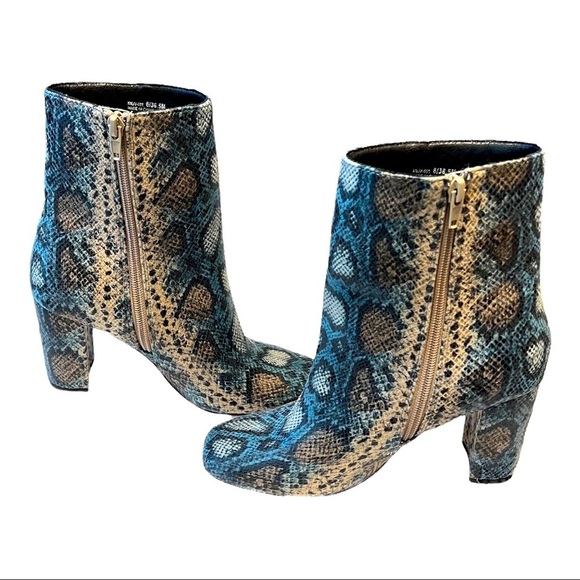 Chinese Laundry Koraline Snake Print Ankle Boot Turquoise Tan Faux Leather Heel - Picture 6 of 8